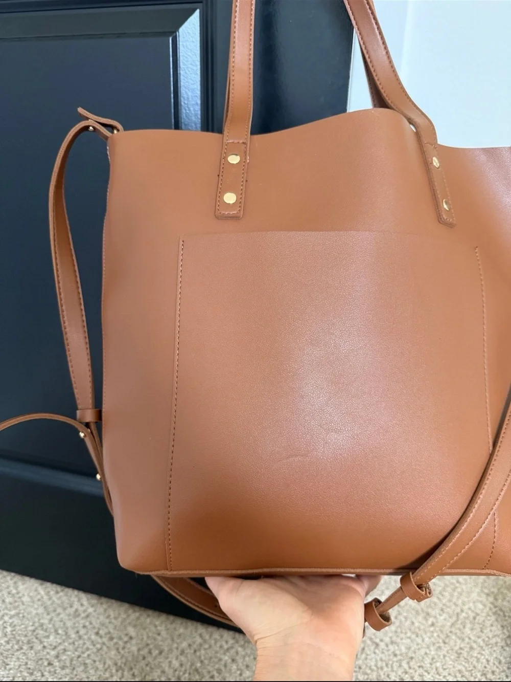 Everyday Cognac Tote with Front Pocket and Dual Straps